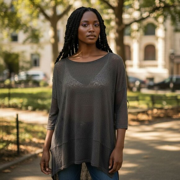 FREE PEOPLE Sweater Knit Tunic Top S Olive Eyelet Lightweight Chiffon Hi Low - Picture 1 of 14